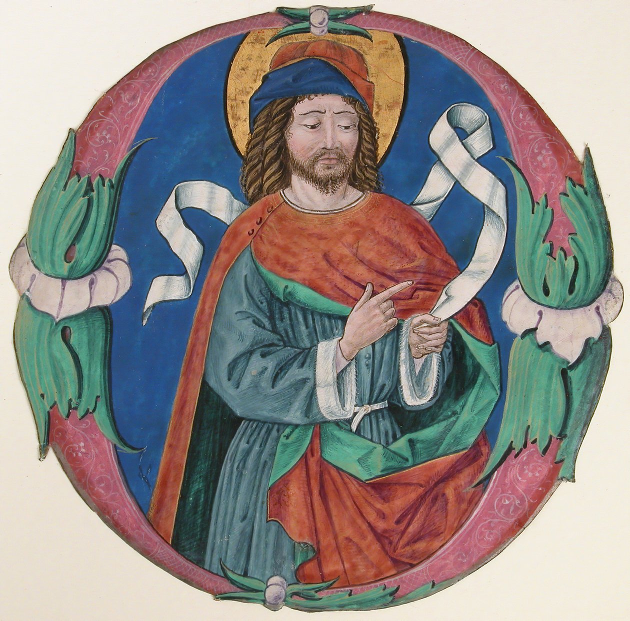 Manuskript-Illumination mit der Figur eines Heiligen in einem Initial O, ca. 1480 von Unbekannt