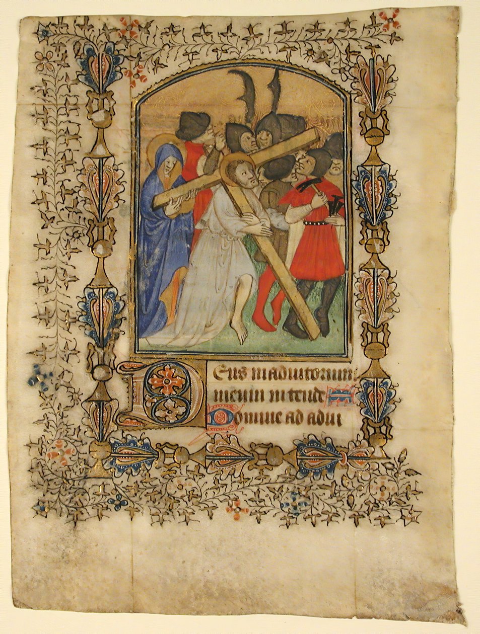 Manuskriptblatt aus einem Stundenbuch... Illuminiertes Initial D und Christus trägt das Kreuz, 1390-140 von Unbekannt