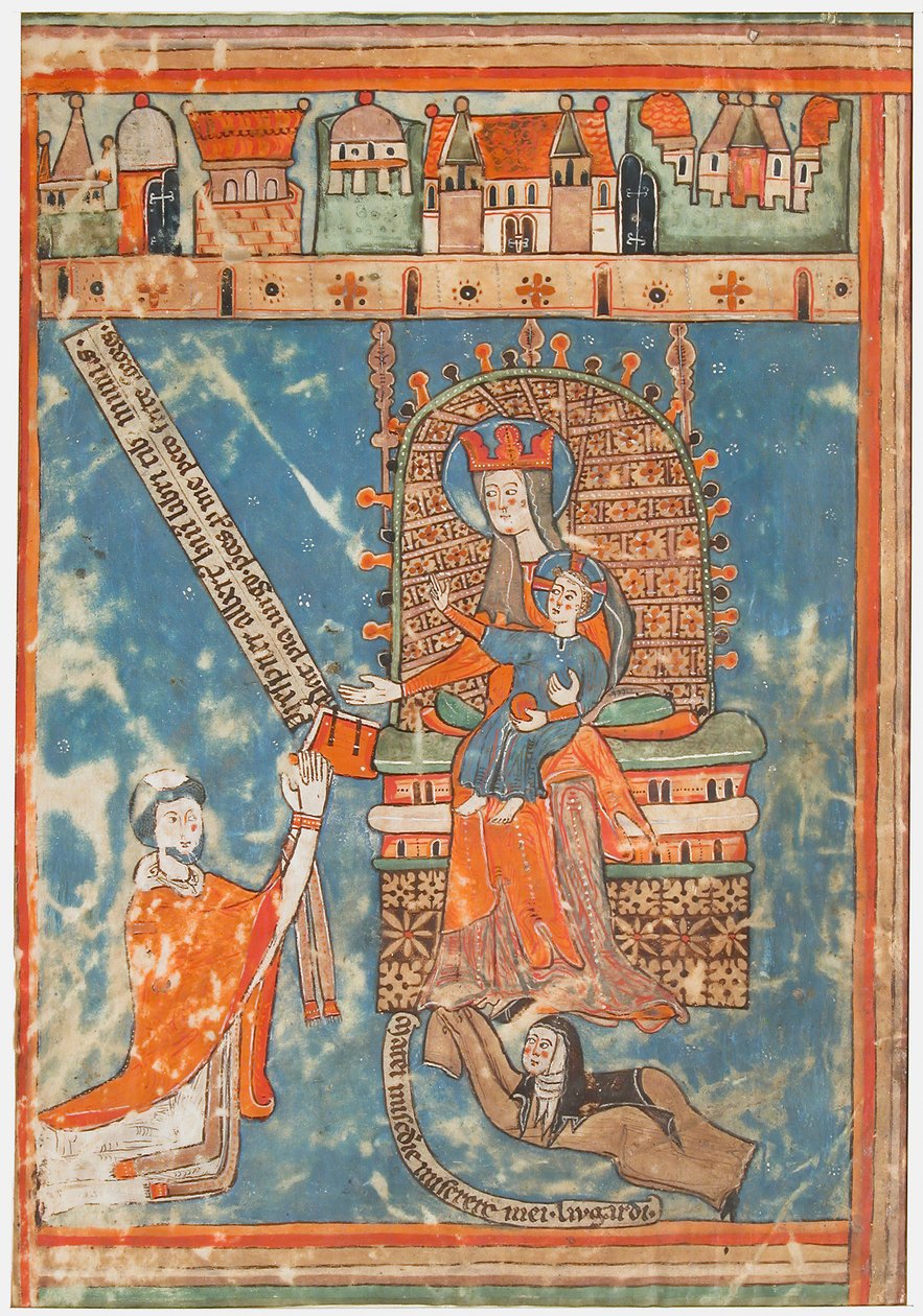 Manuskriptblatt mit Widmung eines Buches an die Jungfrau, Deutsch, ca. 1400 von Unbekannt