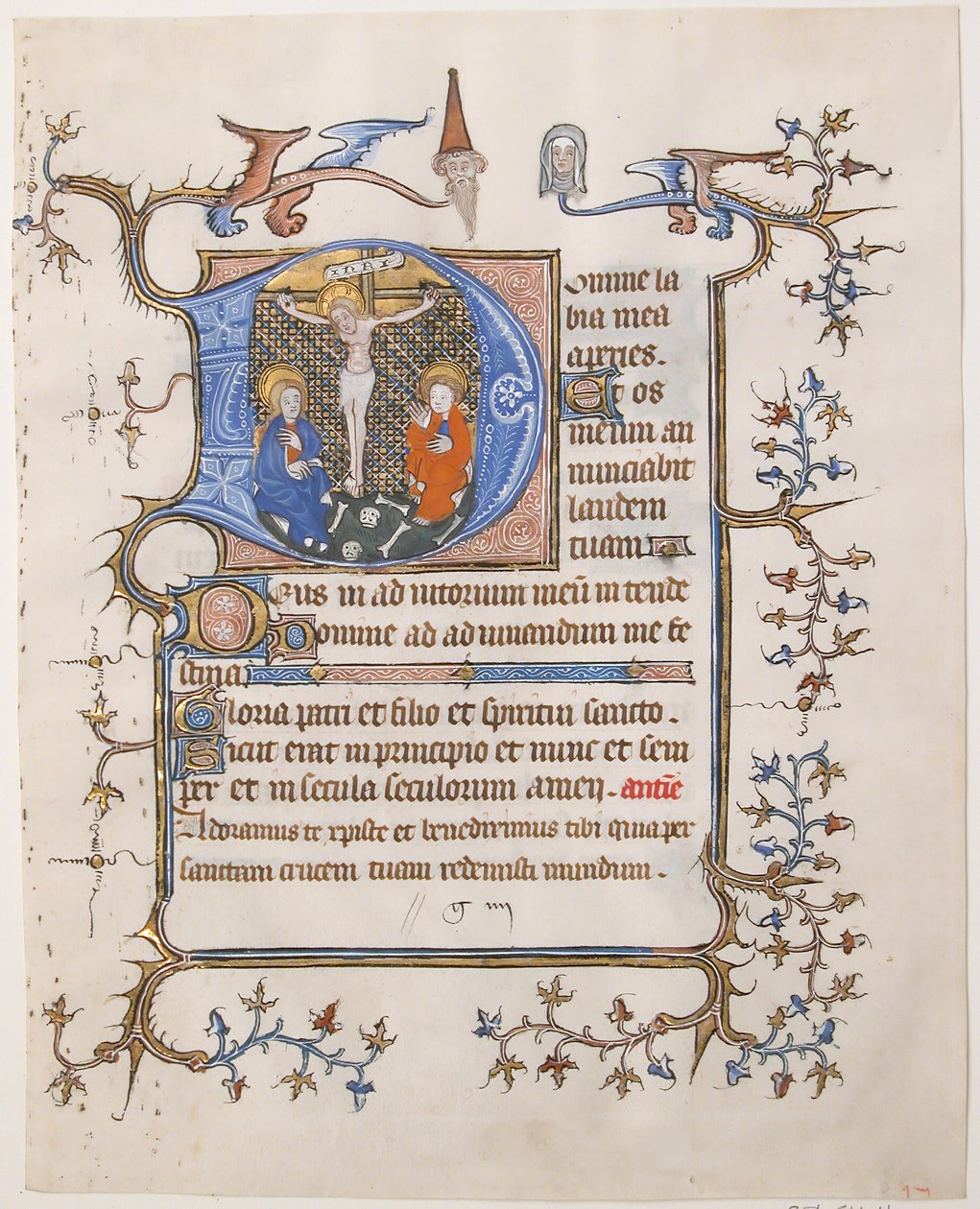 Manuskriptblatt mit der Kreuzigung in einer Initiale D, aus einem Stundenbuch, ca. 1350 von Unbekannt