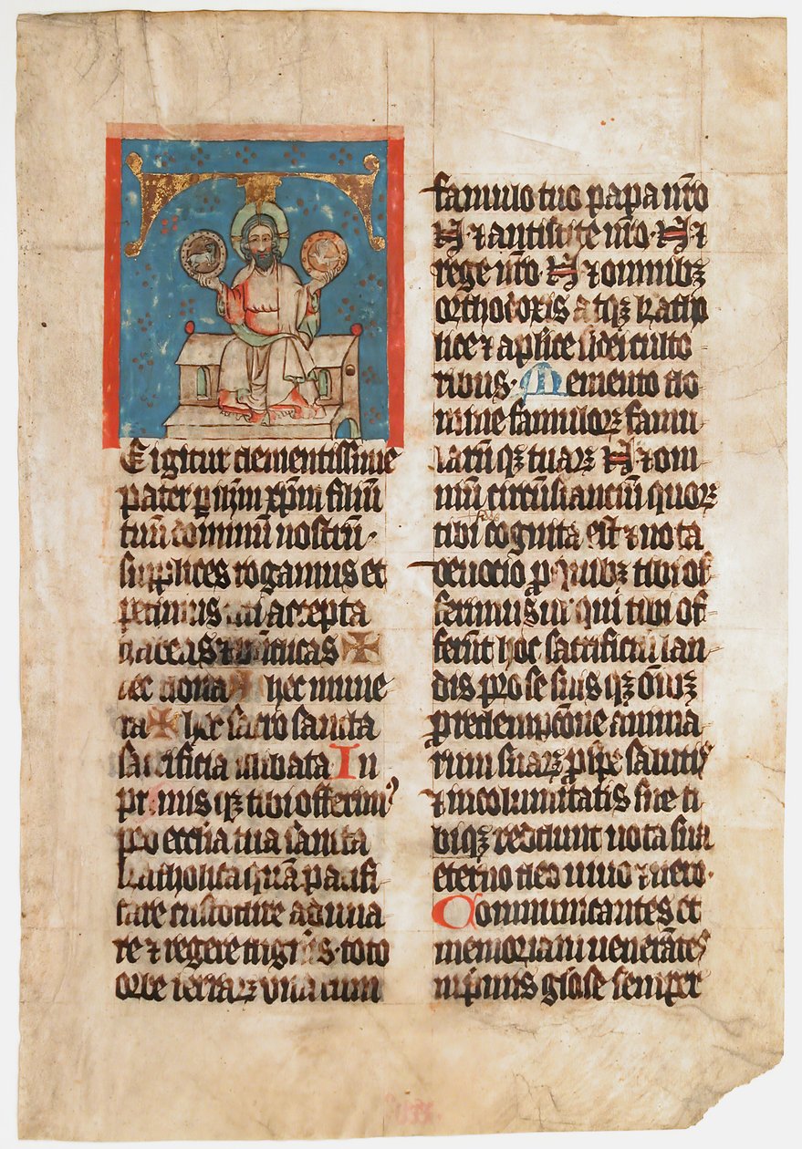 Manuskriptblatt mit der Heiligen Dreifaltigkeit in einem Initial T, aus einem Messbuch, ca. 1390 von Unbekannt