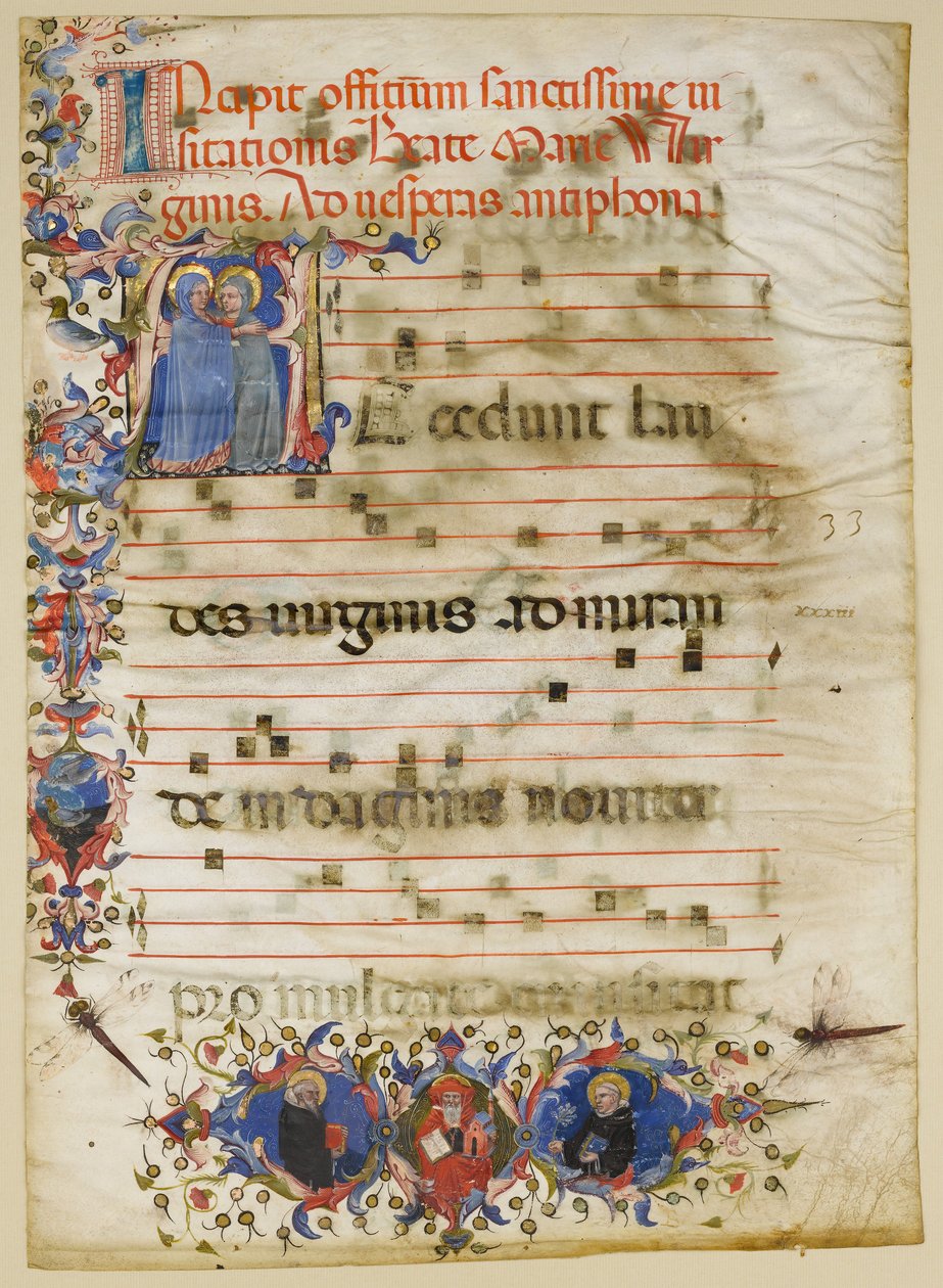 Manuskriptblatt mit der Heimsuchung in einem Initial A und Kardinal Adam Easton..., italienisch, ca. 1400 von Unbekannt