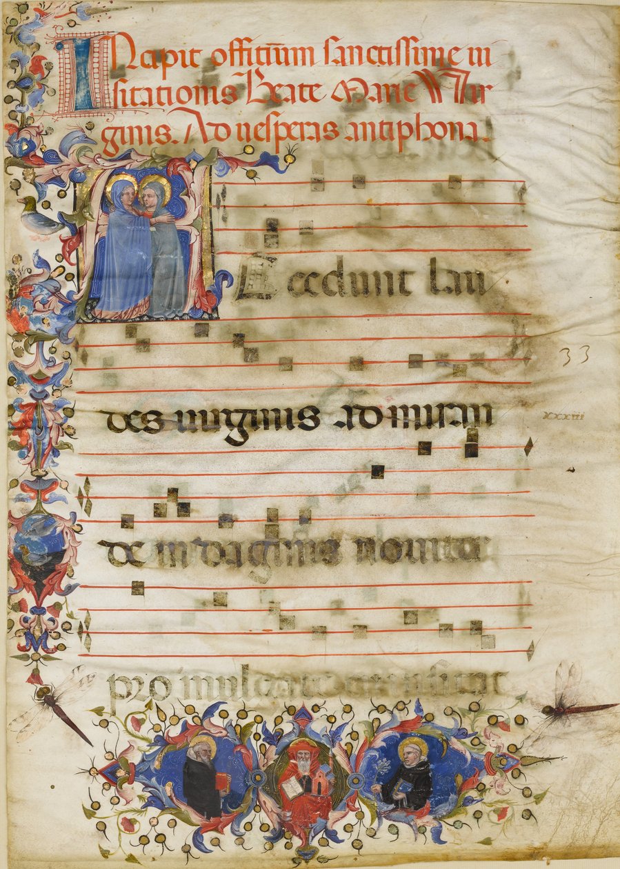 Manuskriptblatt mit der Heimsuchung in einem Initial A und Kardinal Adam Easton..., um 1400 von Unbekannt
