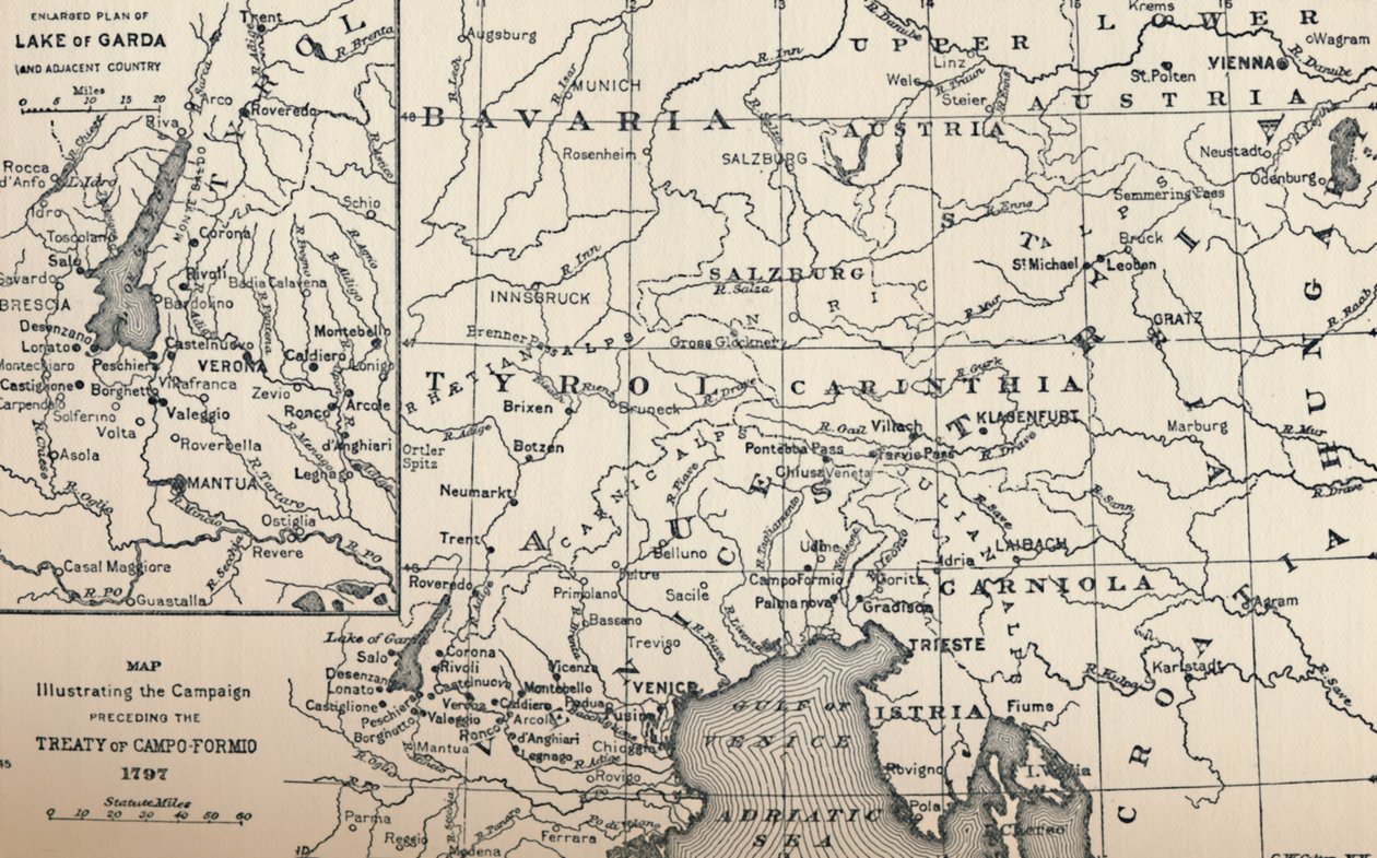 Karte zur Veranschaulichung der Kampagne vor dem Vertrag von Campo-Formio, 1797, 1896 von Unbekannt