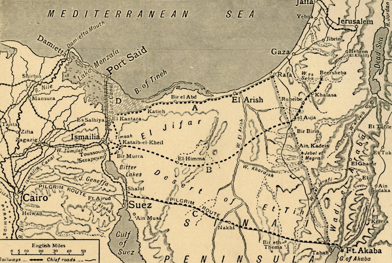 Karte des türkischen Angriffs auf den Suezkanal, Ägypten, Erster Weltkrieg von Unbekannt