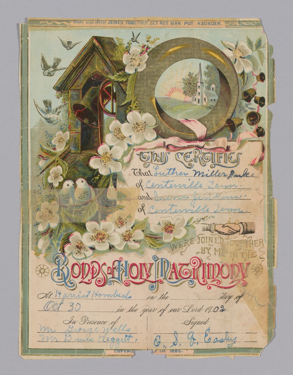 Heiratsurkunde von Luther Miller Pulce und Irene Jenkins, 30. Oktober 1902 von Unbekannt
