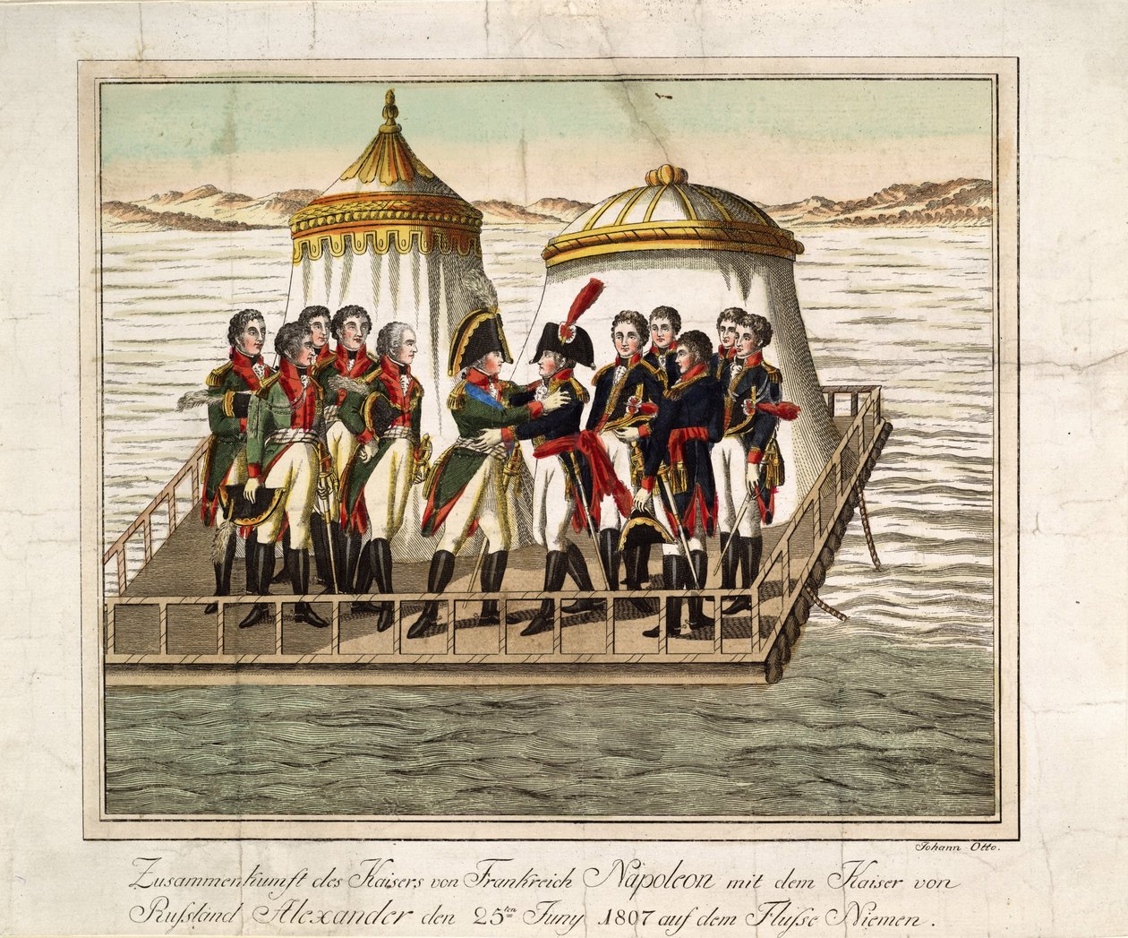 Treffen der Kaiser Alexander I. von Russland und Napoleon I. von Frankreich am Neman bei Tilsit, 1807 von Unbekannt