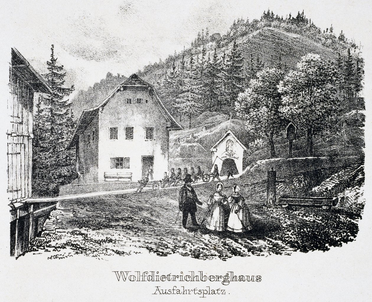 Salzmine: Das Wolfdietrich-Gebäude und der Ausgang der Mine in Durrnberg, Österreich von Unbekannt