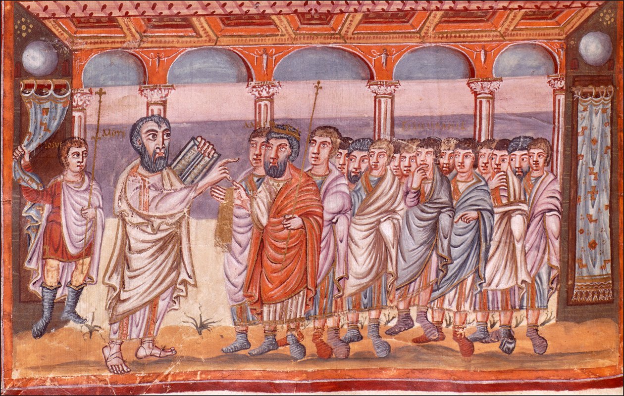 Moses empfängt die Gesetzestafeln, Miniatur aus der Moutier-Grandval-Bibel, ca. 830-ca. 840 von Unbekannt