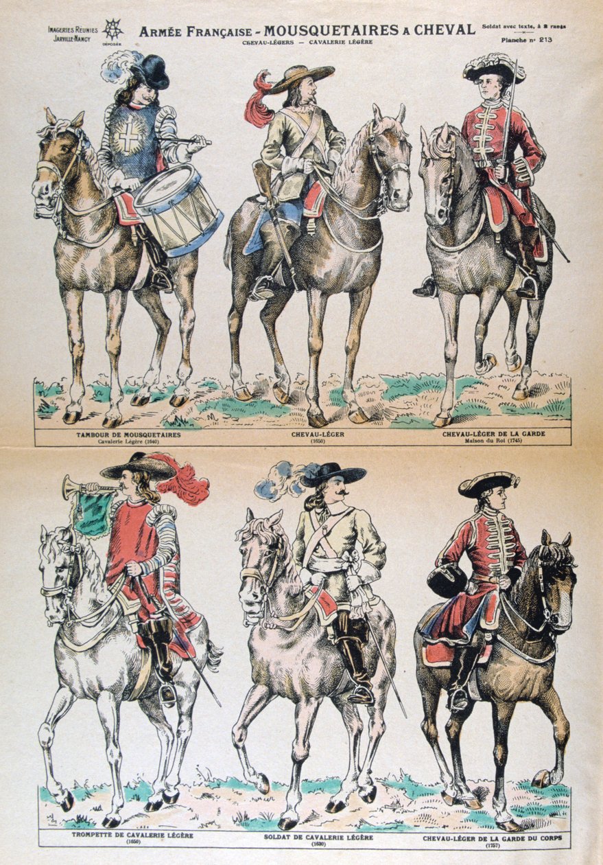 Mousquetaires a Cheval 17. Jahrhundert. Französische Armeeuniformen. Farblithographie. Private Sammlung von Unbekannt
