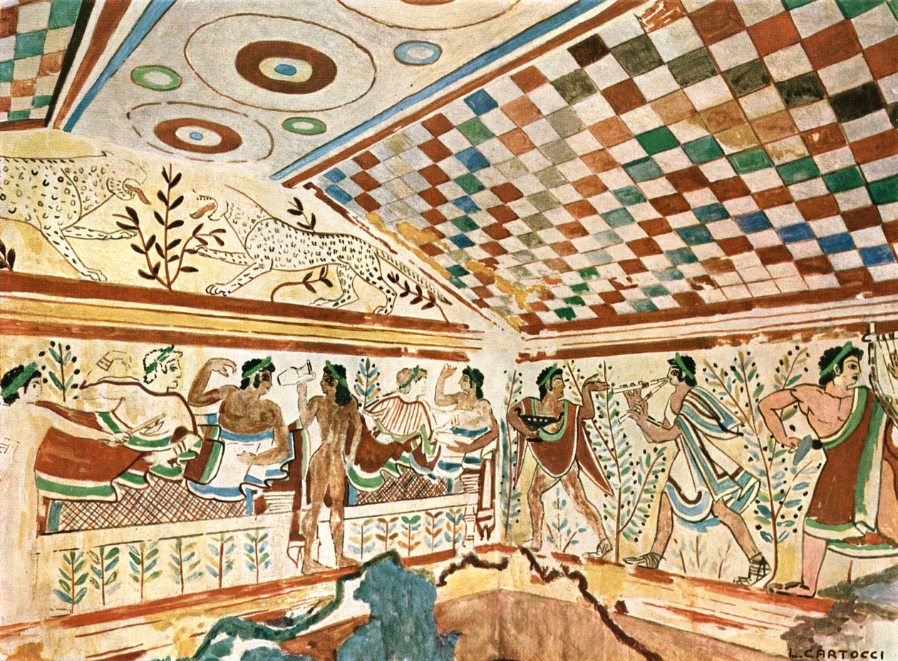 Wandmalerei im Leoparden-Grab Tomba dei Leopardi in Tarquinia, Italien von Unbekannt