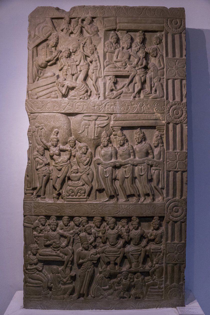 Nationalmuseum von Indien, Delhi. Szenen aus Buddhas Leben. Ikshvaku, 3. Jahrhundert n. Chr. Nagarjunakonda, Andhra Pradesh. Grauer Kalkstein. (Detail). Indien. von Unbekannt