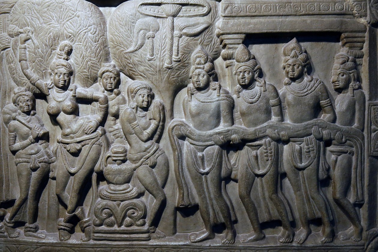 Nationalmuseum von Indien, Delhi. Szenen aus dem Leben Buddhas. Ikshvaku, 3. Jahrhundert n. Chr. Nagarjunakonda, Andhra Pradesh. Grauer Kalkstein. Detail. Indien. von Unbekannt