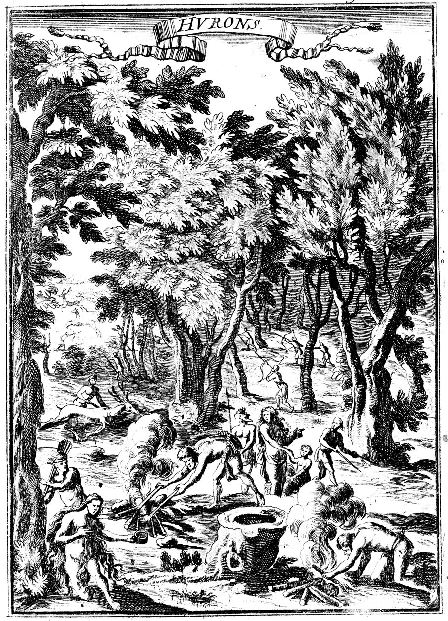 Nordamerikanische Huron-Indianer beim Jagen und Zubereiten von Nahrung im Wald, 1686 von Unbekannt