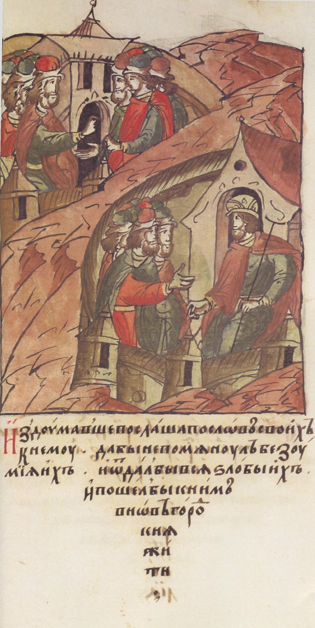 Novgorod veche. Die Nowgoroder luden Jaroslaw II. Wsewolodowitsch ein, über sie zu herrschen. Aus der Illu von Unbekannt