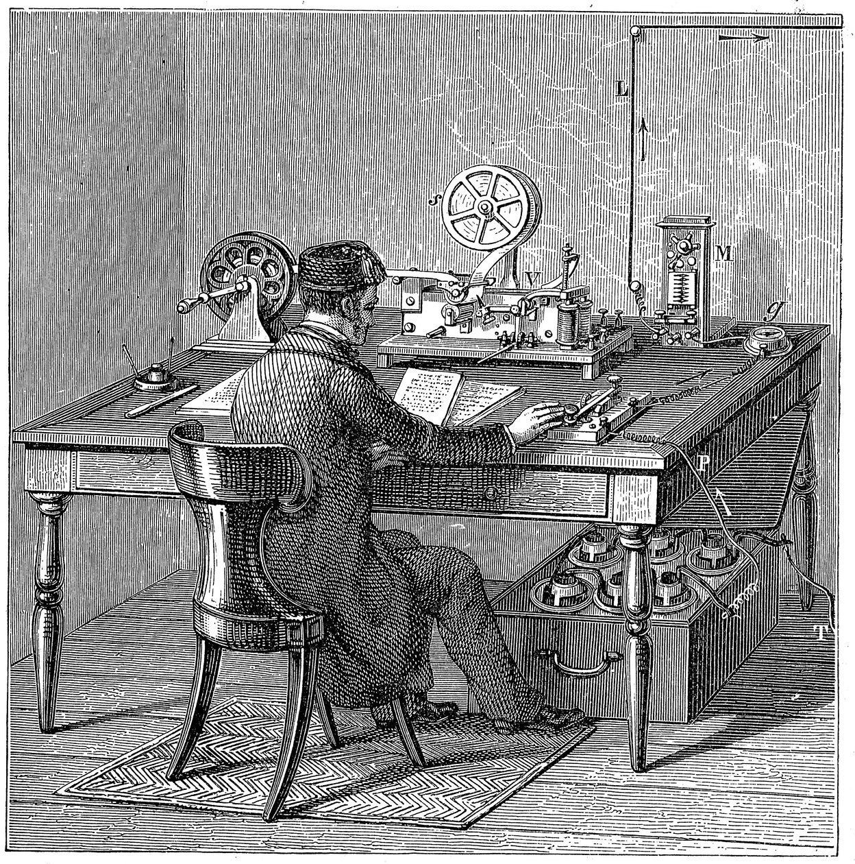 Operator sendet eine Nachricht auf einem Morse-Elektrodrucktelegrafen, 1887 von Unbekannt