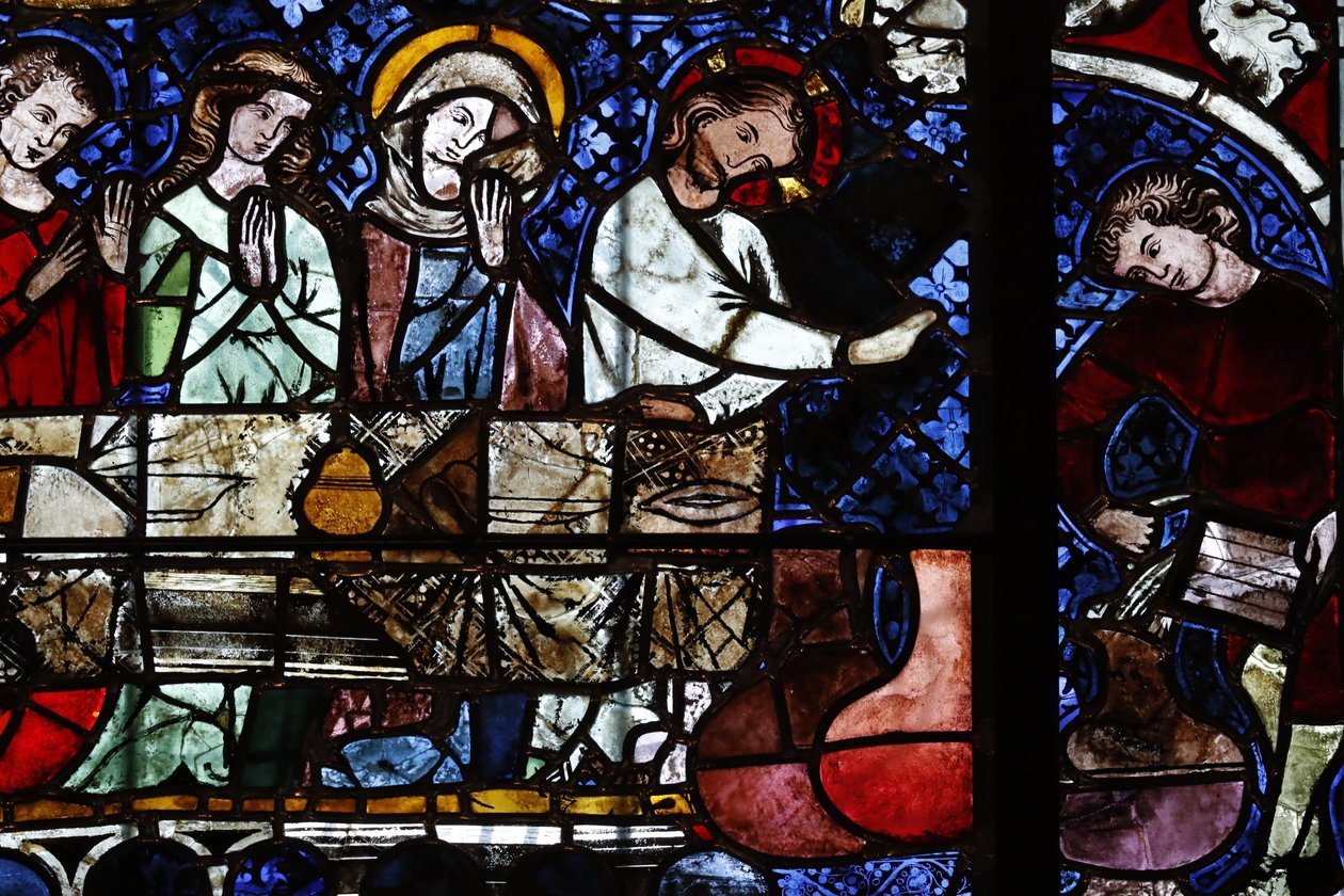 Unsere Liebe Frau von Straßburg Kathedrale. Buntglasfenster. Die Verwandlung von Wasser in Wein bei der Hochzeit zu Kana. 14. Jahrhundert. Straßburg. Frankreich. von Unbekannt