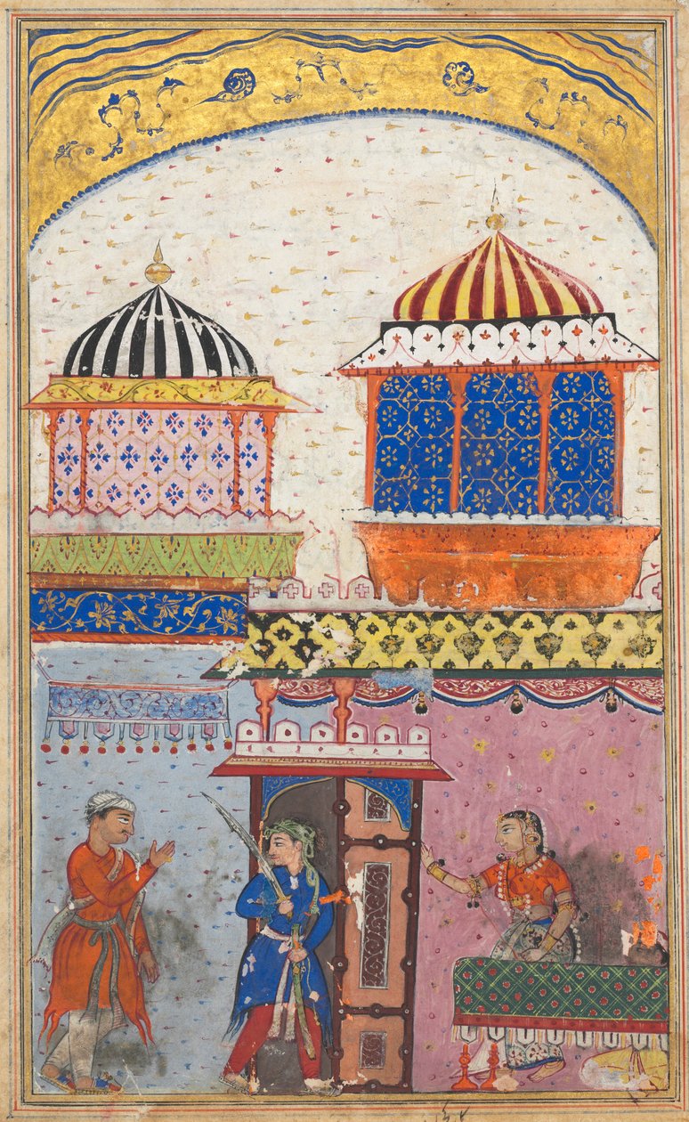Seite aus Geschichten eines Papageis Tuti-nama: Achte Nacht: Eine Frau bittet ihren Liebhaber zu gehen..., ca. 1560 von Unbekannt