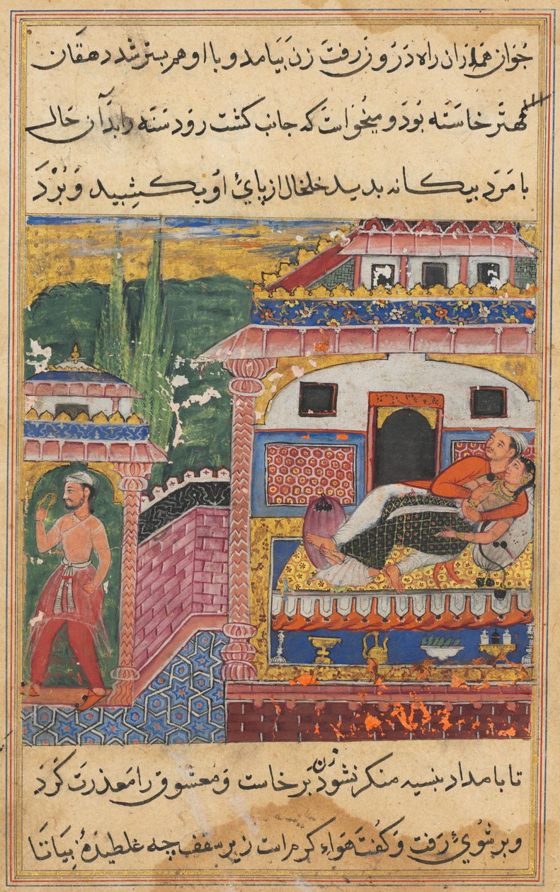 Seite aus den Geschichten eines Papageis Tuti-nama: Achte Nacht: Der Bauer, Vater des Sohnes..., 1558-1560 von Unbekannt
