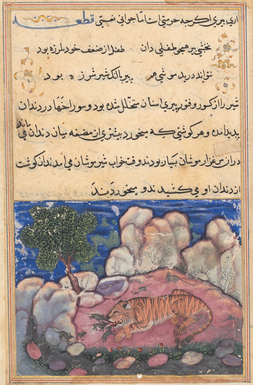Seite aus Geschichten eines Papageis Tuti-nama: Fünfzehnte Nacht: Der Löwe, gestört von Mäusen..., 1558-1560 von Unbekannt