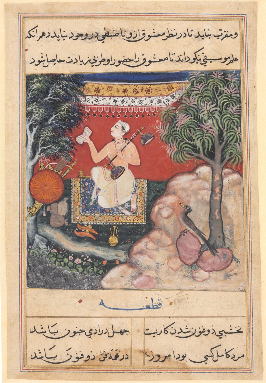 Seite aus Geschichten eines Papageis Tuti-nama: Vierzehnte Nacht: Der Ursprung der Musik..., ca. 1560 von Unbekannt
