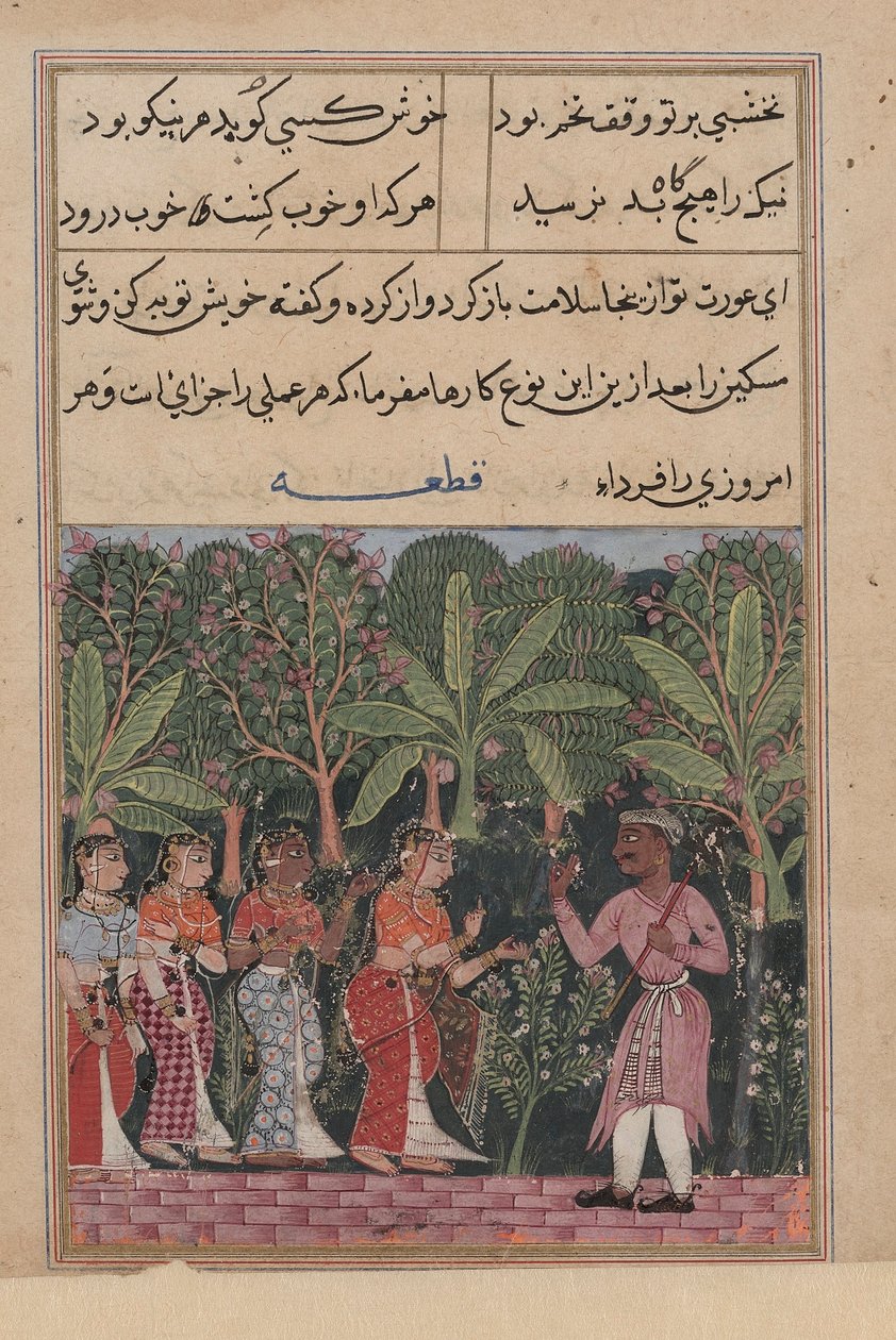 Seite aus Geschichten eines Papageis Tuti-nama: Zwölfte Nacht: Die Tochter des Kaufmanns..., ca. 1560 von Unbekannt