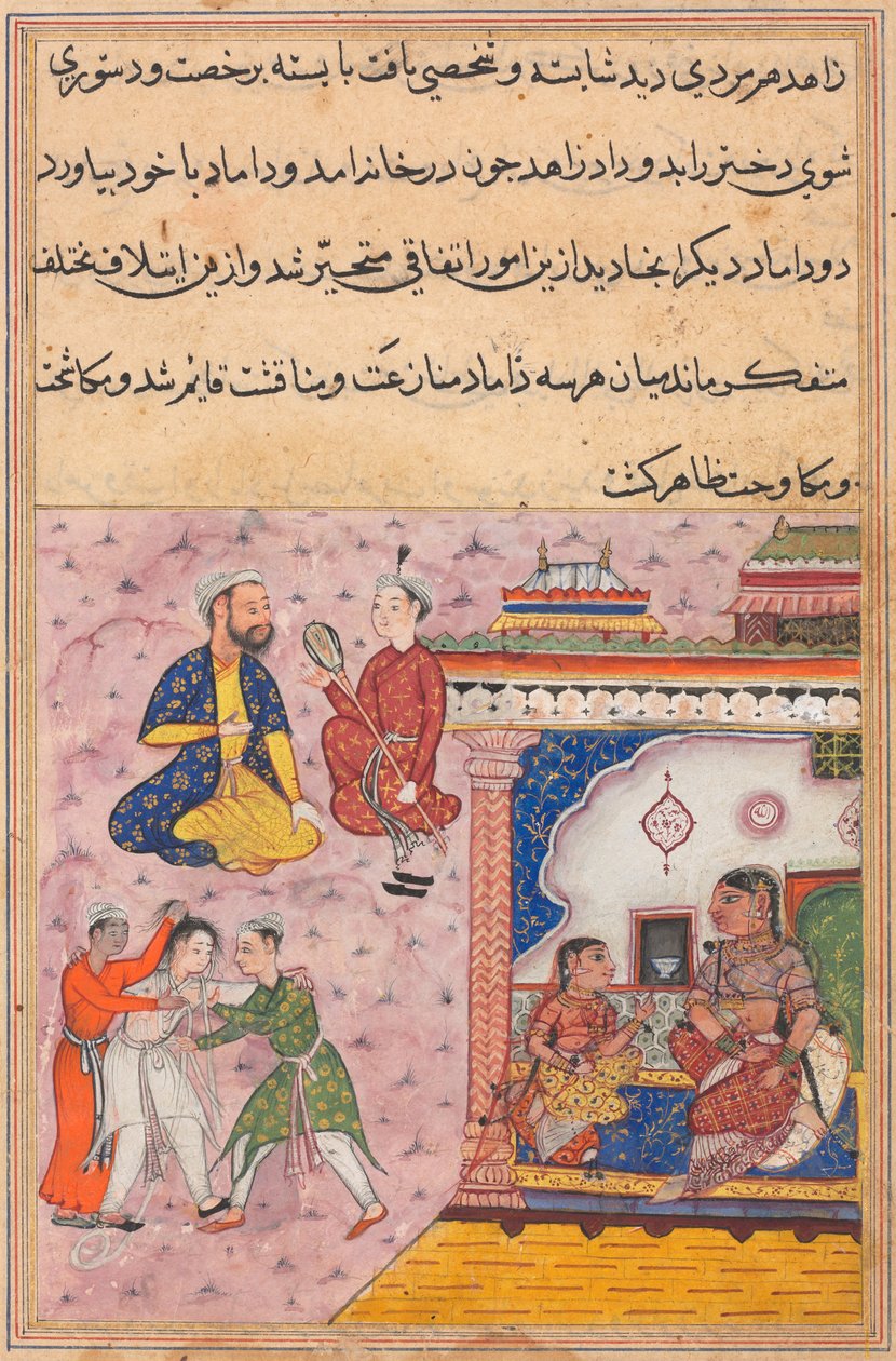 Seite aus Geschichten eines Papageis Tuti-nama: Zwanzigste Nacht: Drei Freier kämpfen..., ca. 1560 von Unbekannt