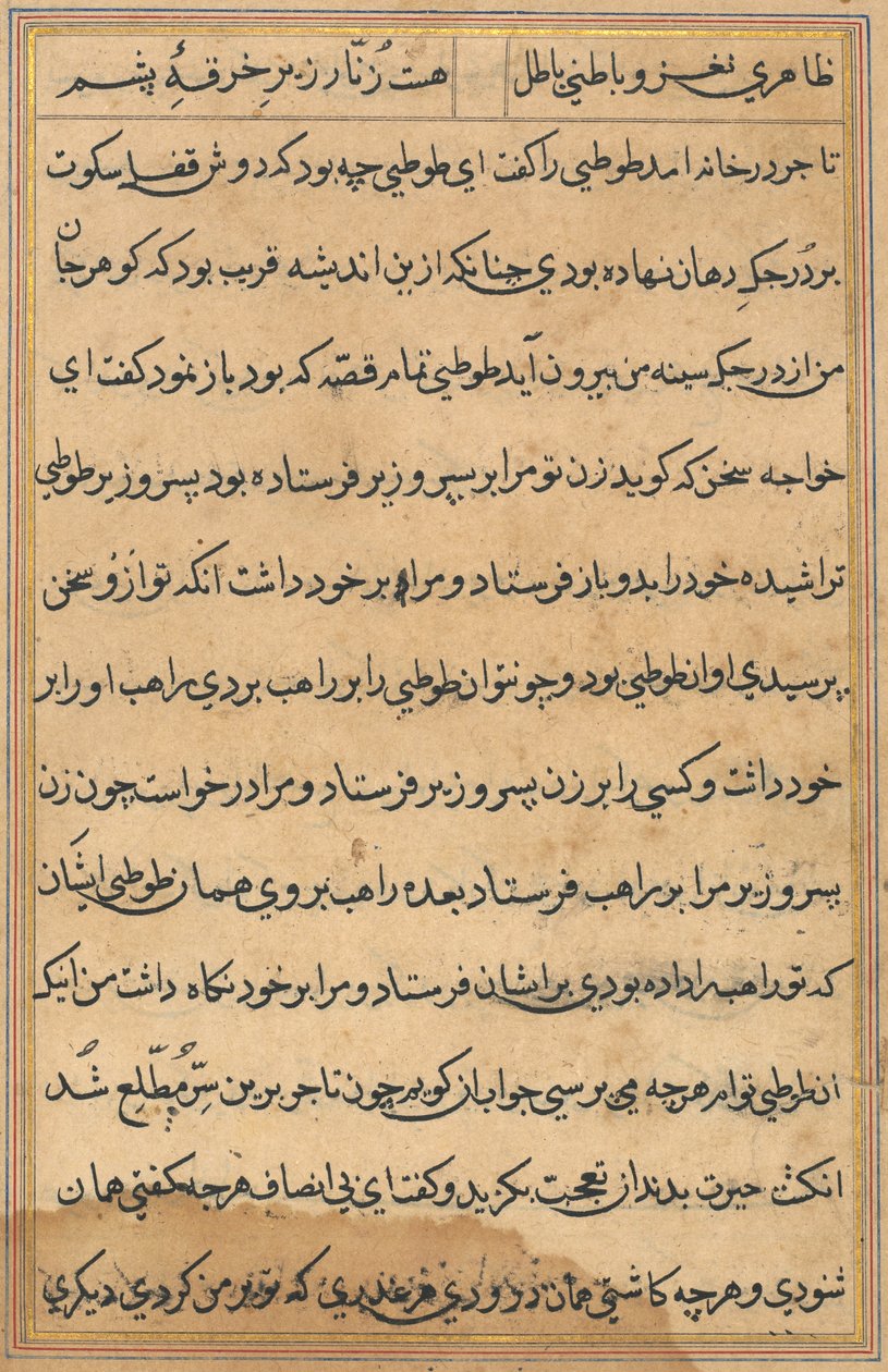 Seite aus den Geschichten eines Papageis Tuti-nama: Textseite, ca. 1560 von Unbekannt