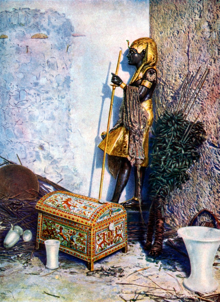 Bemalte Kleidertruhe, die am Fuß der Statue von Tutanchamun liegt, Ägypten, 1933-1934 von Unbekannt