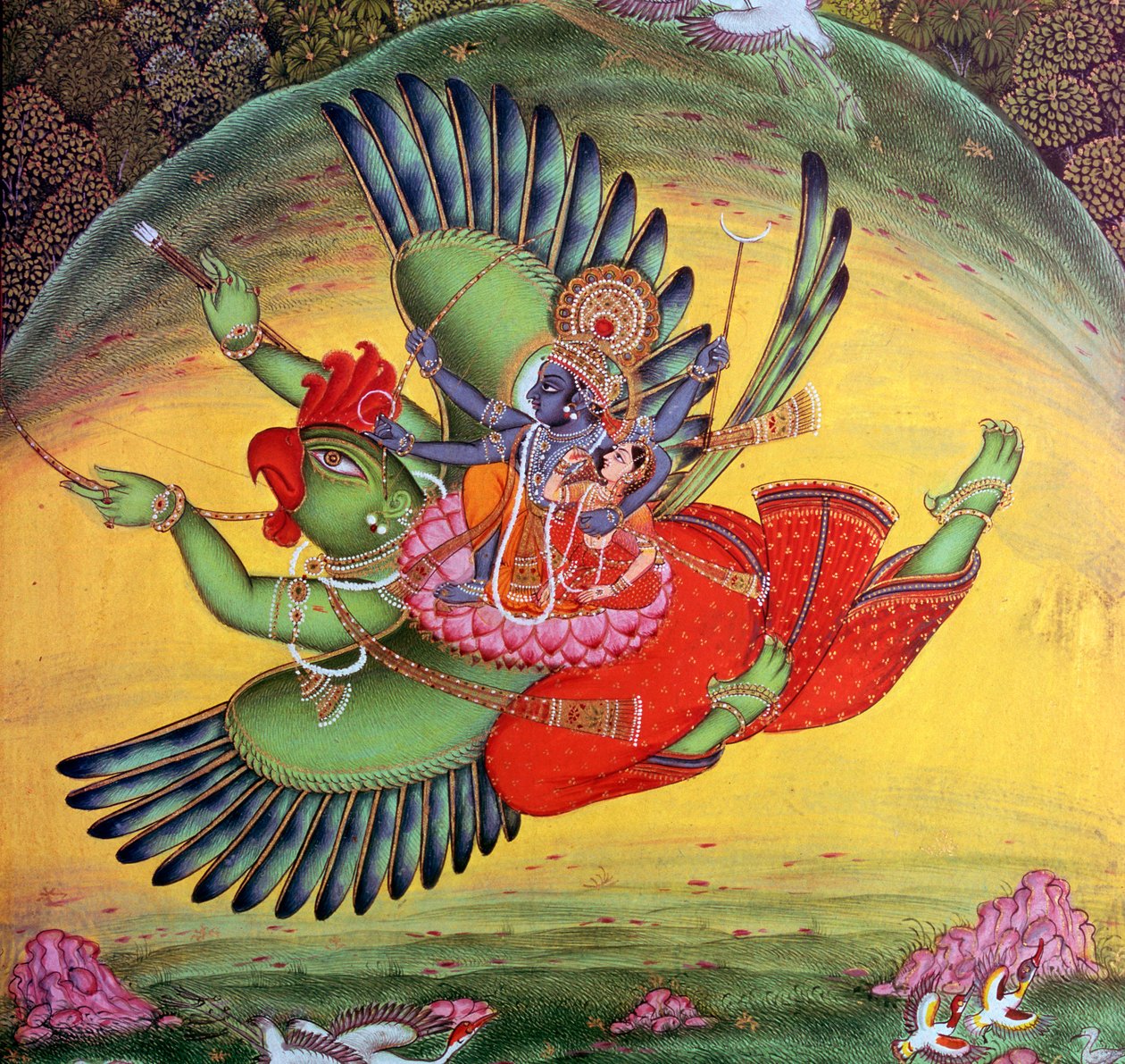 Gemälde von Vishnu und seiner Gemahlin Lakshmi auf dem Vogelgott Garuda reitend von Unbekannt