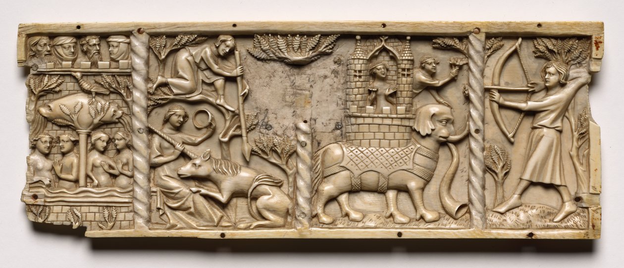 Panel von einem Kästchen mit Szenen aus höfischen Romanzen, 1330-1350 oder später von Unbekannt