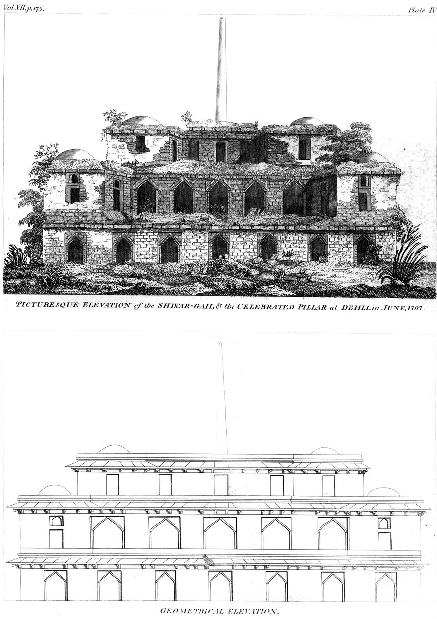 Malerische Erhebung des Shikar Gah und der berühmten Säule in Delhi, Juni 1797 1799 von Unbekannt