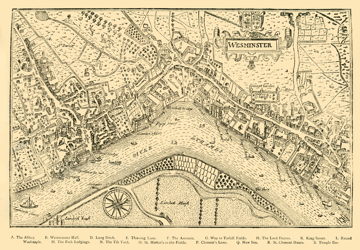 Plan von Westminster. Aus Nordens Vermessung, aufgenommen in der Regierungszeit von Königin Elisabeth, 1593, 1881 von Unbekannt