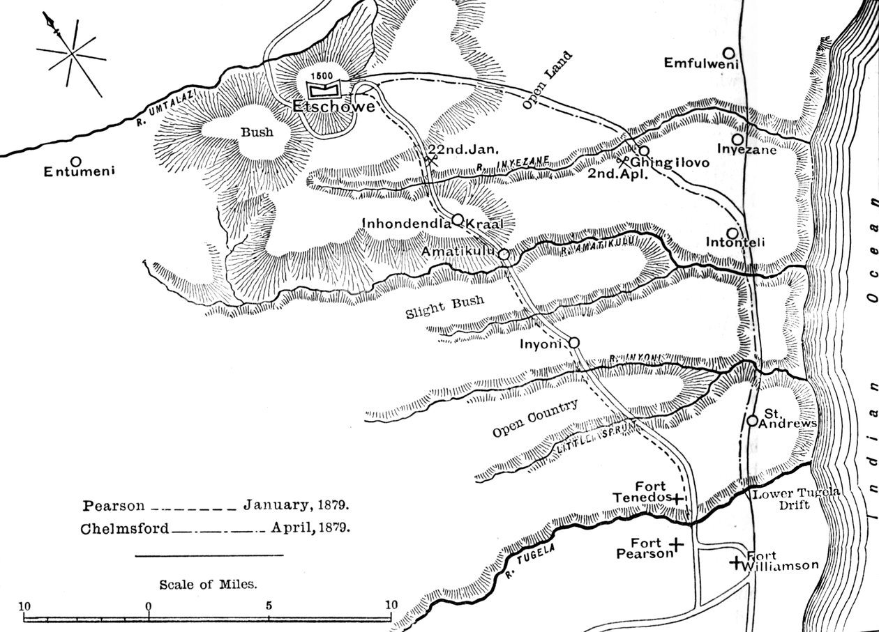 Plan der Märsche von Pearson Jan., 1879 und von Chelmsford April, 1879 nach Etschowe, um 1880 von Unbekannt