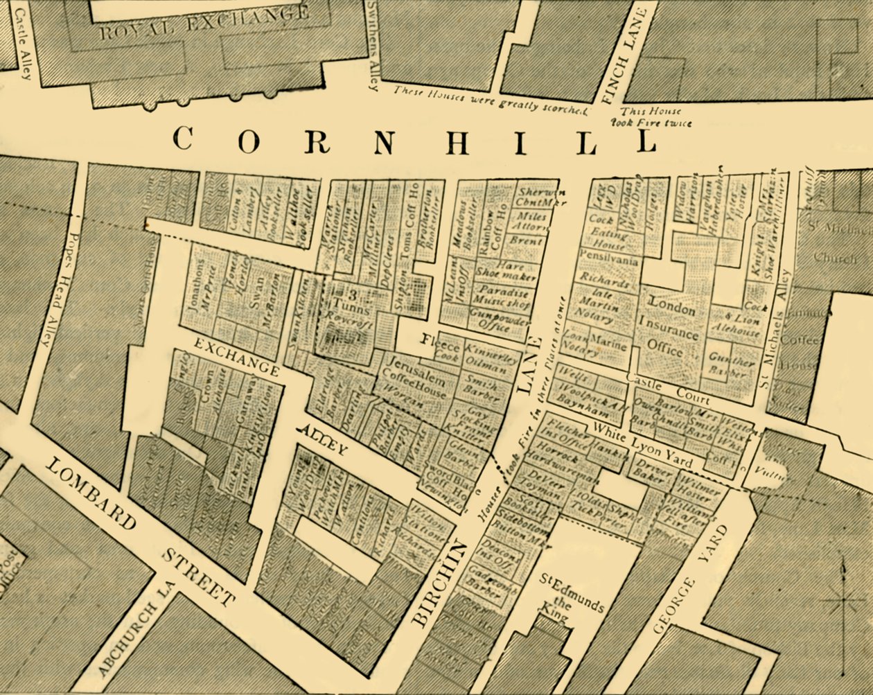 Plan, der das Ausmaß des großen Feuers in Cornhill im Jahr 1748 zeigt, um 1872 von Unbekannt