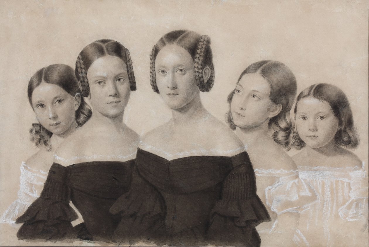 Porträt der Schwestern Yelisaveta, Maria, Praskovya, Alexandra und Anna Dyakov, Ende der 1830er Jahre von Unbekannt