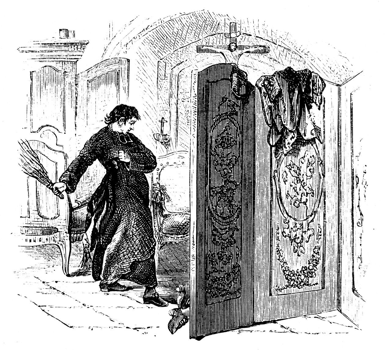 Priester peitscht einen Büßer mit einer Birke, um 1876 von Unbekannt