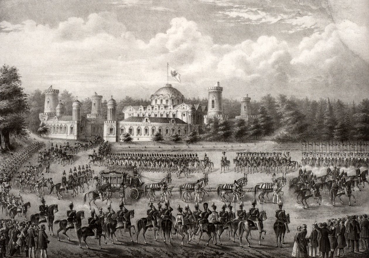 Prozession von Zar Nikolaus I. in die Mariä-Entschlafens-Kathedrale vom Petrowski-Palast während seiner Krönung 1825, 1826 von Unbekannt