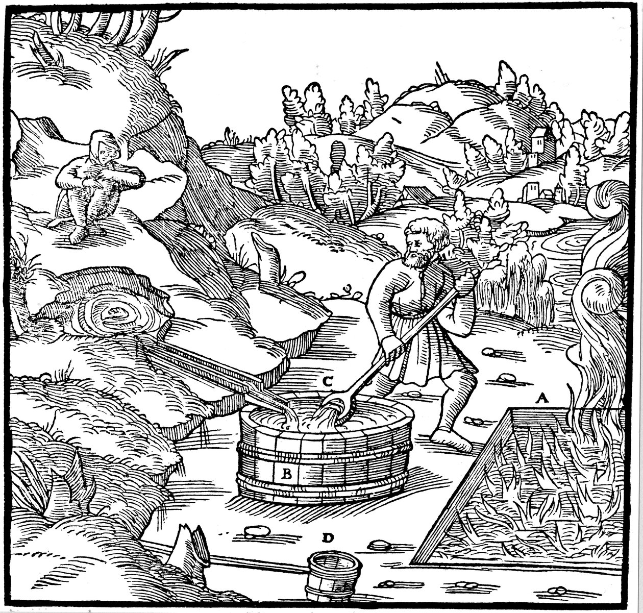 Salzgewinnung durch Verdampfen von natürlicher Sole durch Einfüllen in eine Grube mit brennender Holzkohle, 1556 von Unbekannt