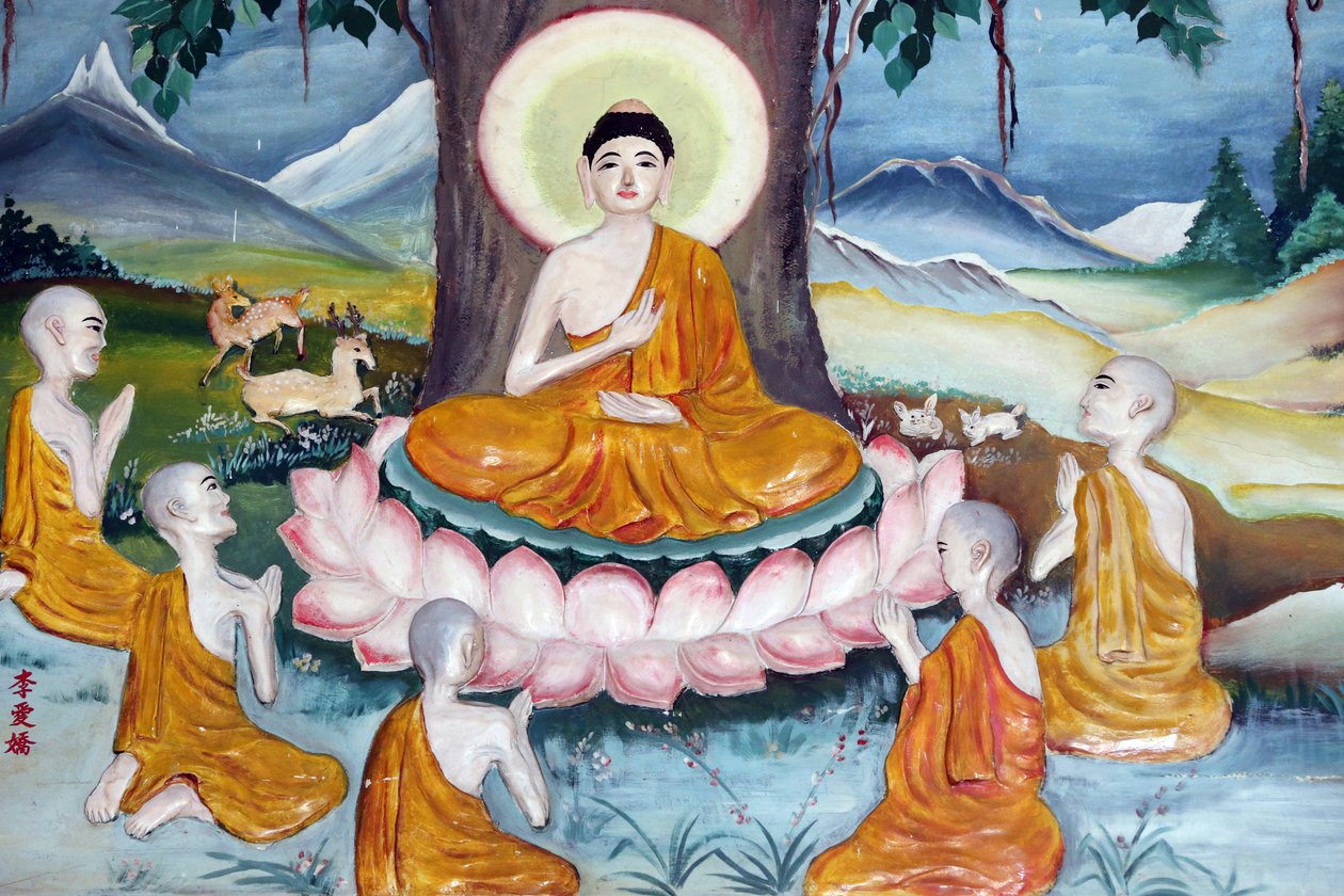 Quan The Am Bo Tat Tempel (Pagode des Avalokitesvara Bodhisattva). Shakyamuni Buddha predigt die Lehre - das Rad des Gesetzes - seinen fünf Jüngern. Vung Tau. Vietnam von Unbekannt