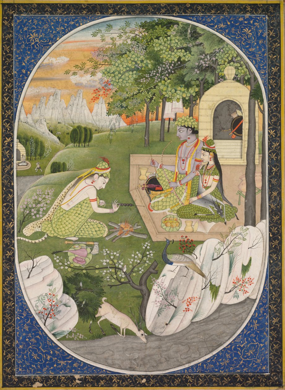Rama, Sita und Lakshmana im Wald, Seite aus den Ramayana-Geschichten von Gott Rama, um 1830 von Unbekannt