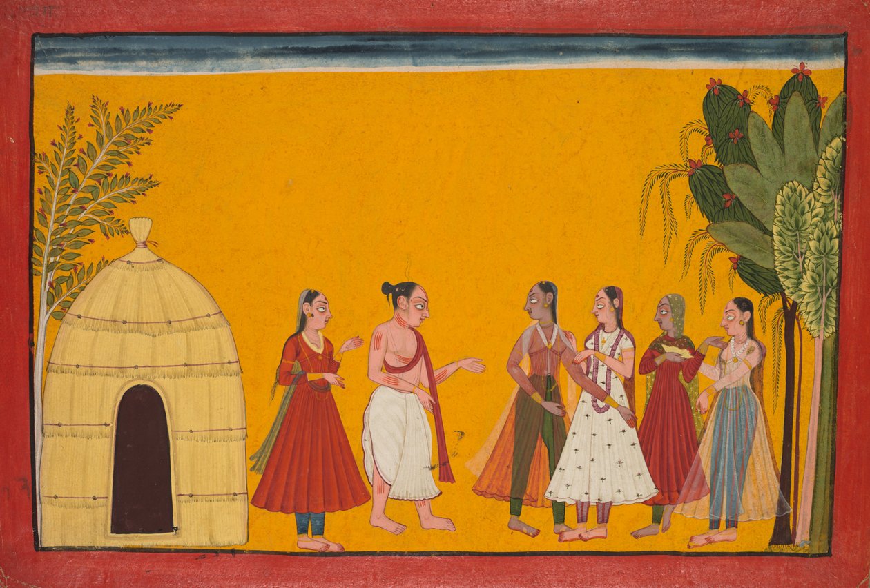 Rama und Sita werden zum Priester gebracht, um das Hochzeitsdatum festzulegen, Seite aus dem Ramayana..., ca. 1700-17 von Unbekannt