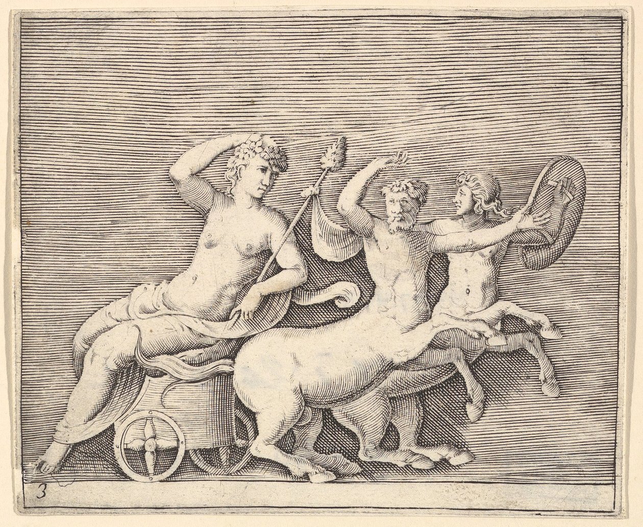 Liegende weibliche Figur auf einem von zwei Kentauren gezogenen Wagen, veröffentlicht ca. 1599-1622 von Unbekannt