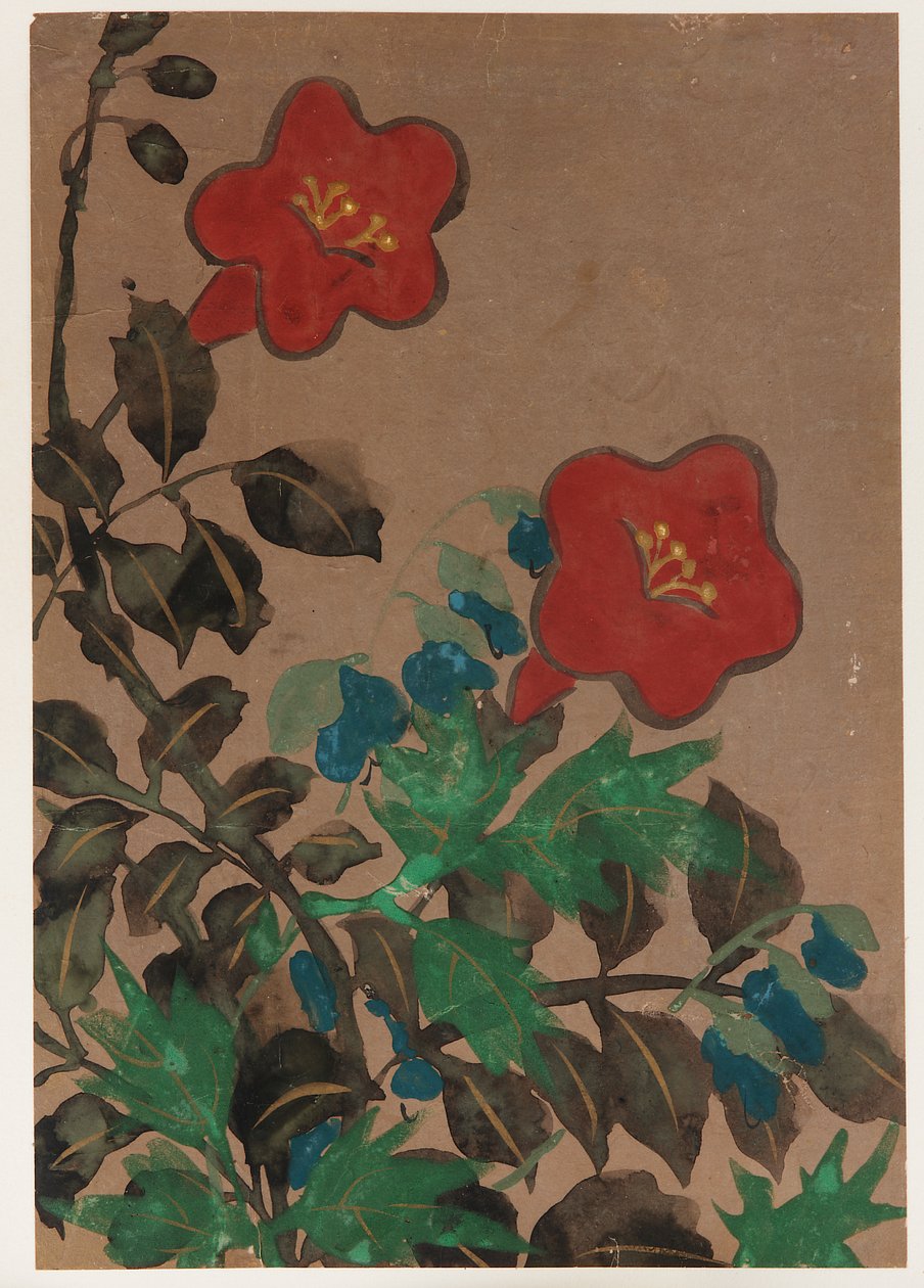 Rote und blaue Blumen und Laub, Edo-Periode, 1615-1868 von Unbekannt