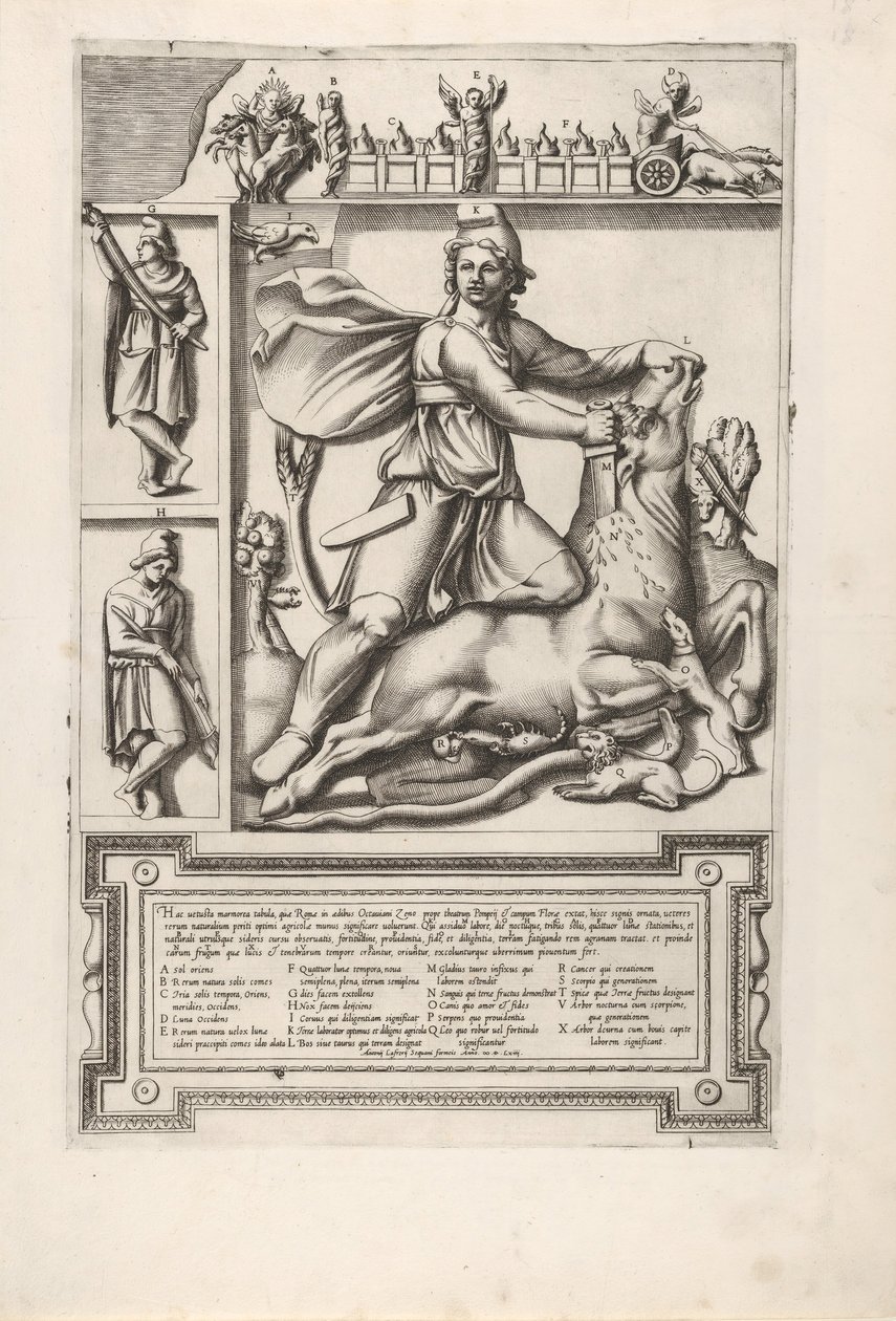 Relief mit Mithras, der auf einem Stier kniet und ein Schwert in seine Schulter treibt, links zw..., 1564 von Unbekannt