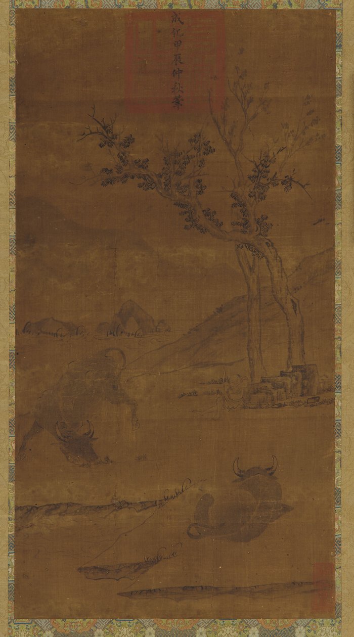 Flusslandschaft: Zwei Wasserbüffel und ein schlafender Hirtenjunge, 1368-1644 von Unbekannt