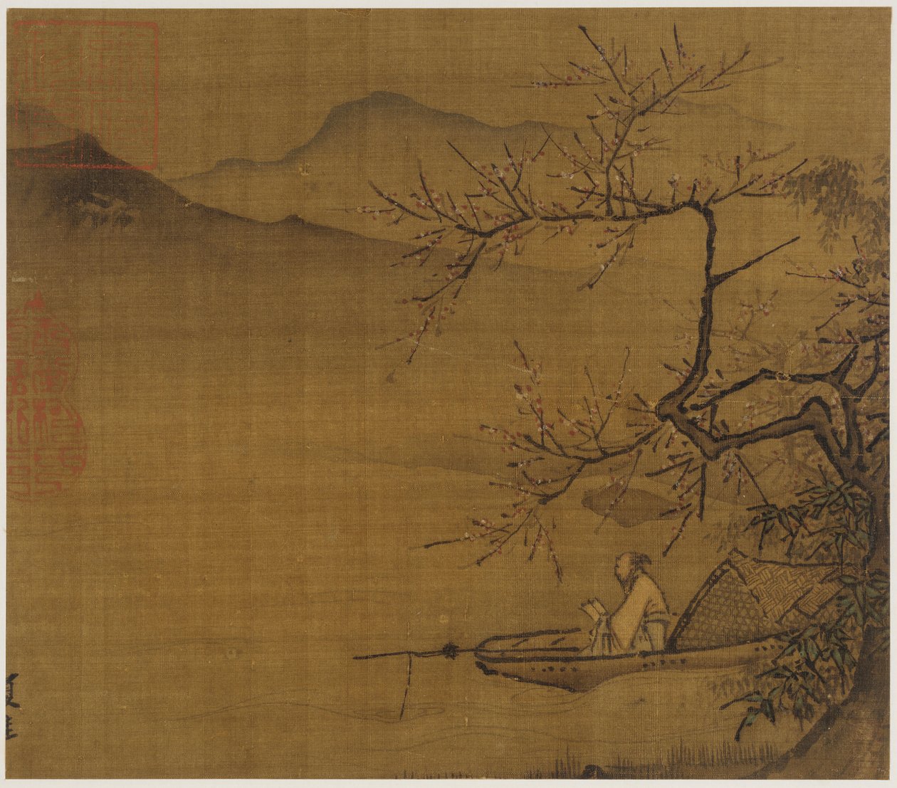 Flusslandschaft: ein Mann liest in einem Boot, das unter einem blühenden Baum verankert ist, Ming-Dynastie, 1368-1644 von Unbekannt