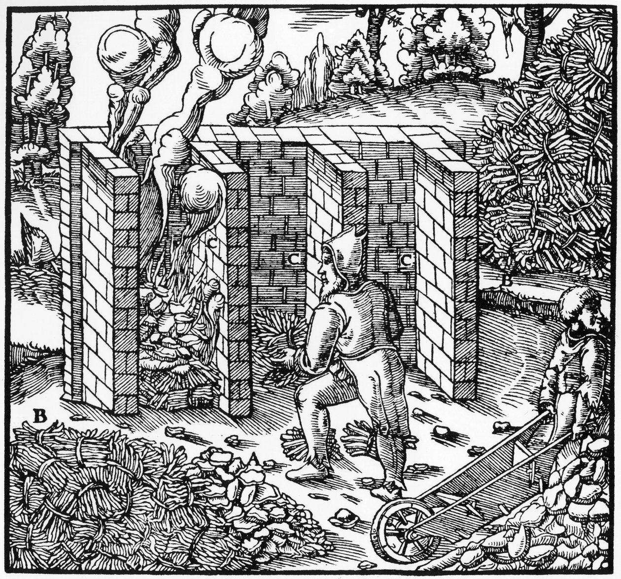 Kupfererz in einem Ofen rösten, 1556 von Unbekannt