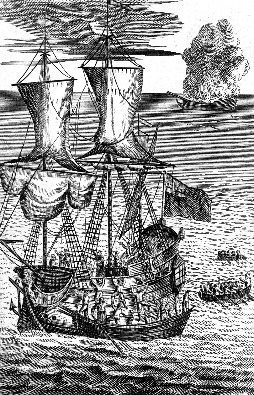 Robinson Crusoe rettet die Besatzung eines brennenden Schiffes auf See, ca. 1719 von Unbekannt