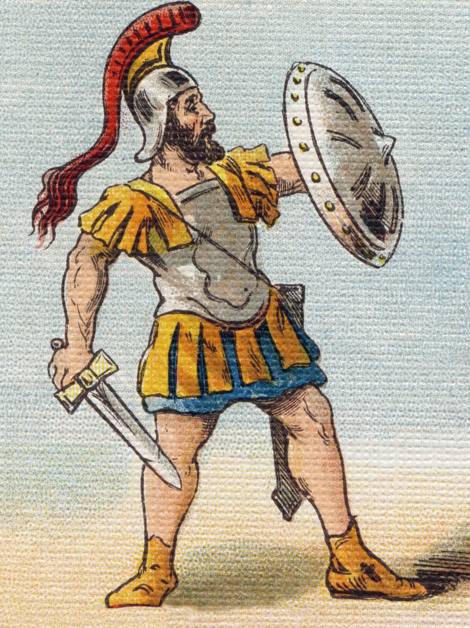 Römischer Soldat. Gravur in "Alphabet de ma petite fille". Bernardin-Bechet und Fils, Buchhändler-Verleger, Paris, um 1895. Unzerbrechliches Album auf Leinwand. Bibliotheque des Bebes. 12 Seiten. Album mit einer Lesemethode und einem illustrierten Abecedar von Unbekannt